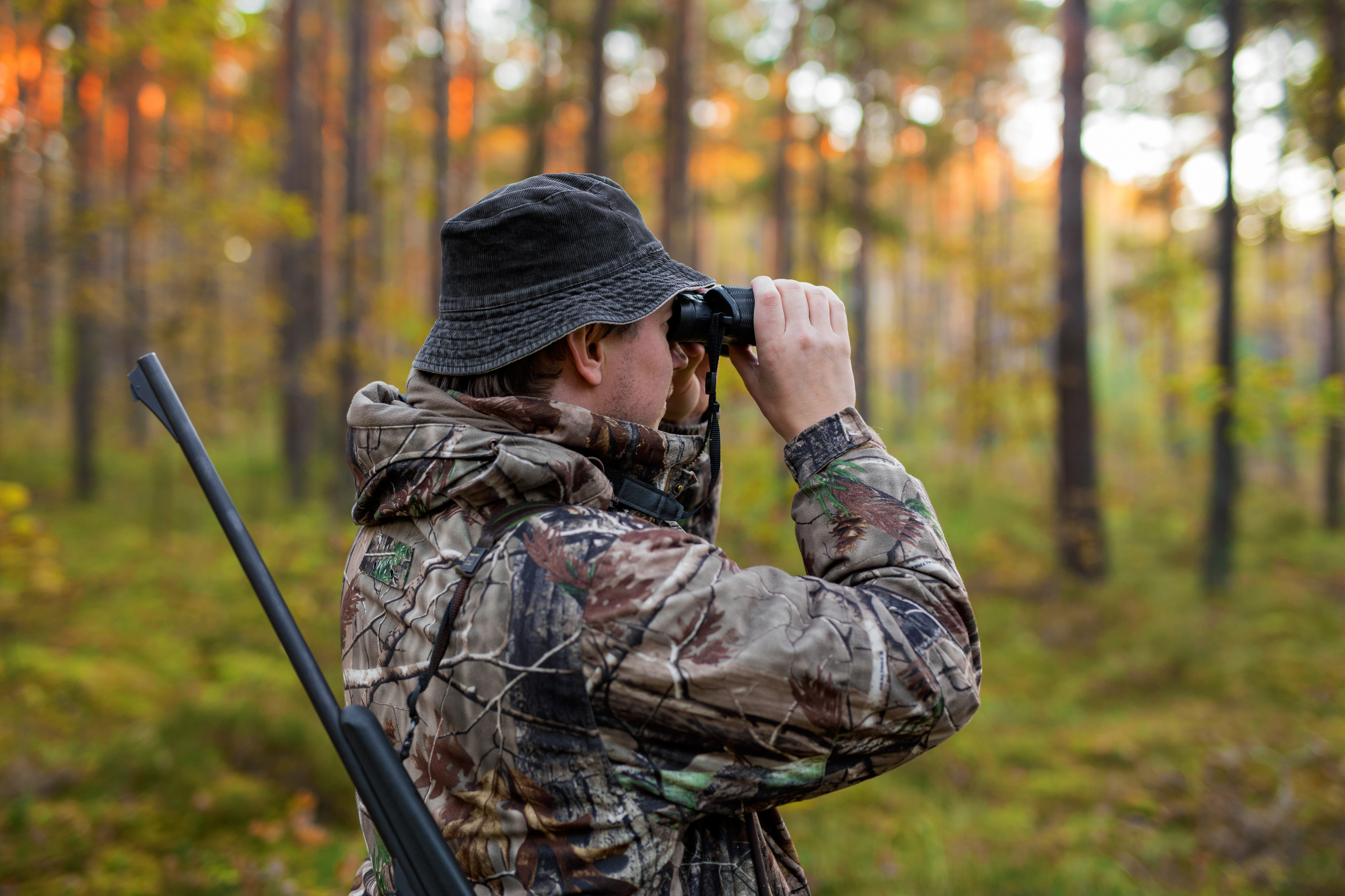 Hunter Observing Forest with Binoculars